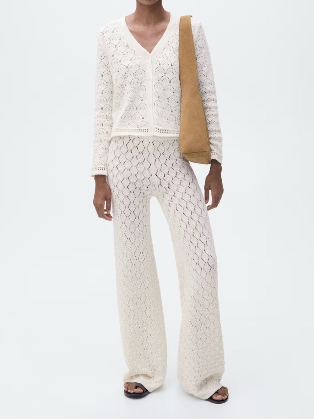 MANGO Off White Crochet Knit Wide Leg Pants Size S Resort Vacation Beach US 4